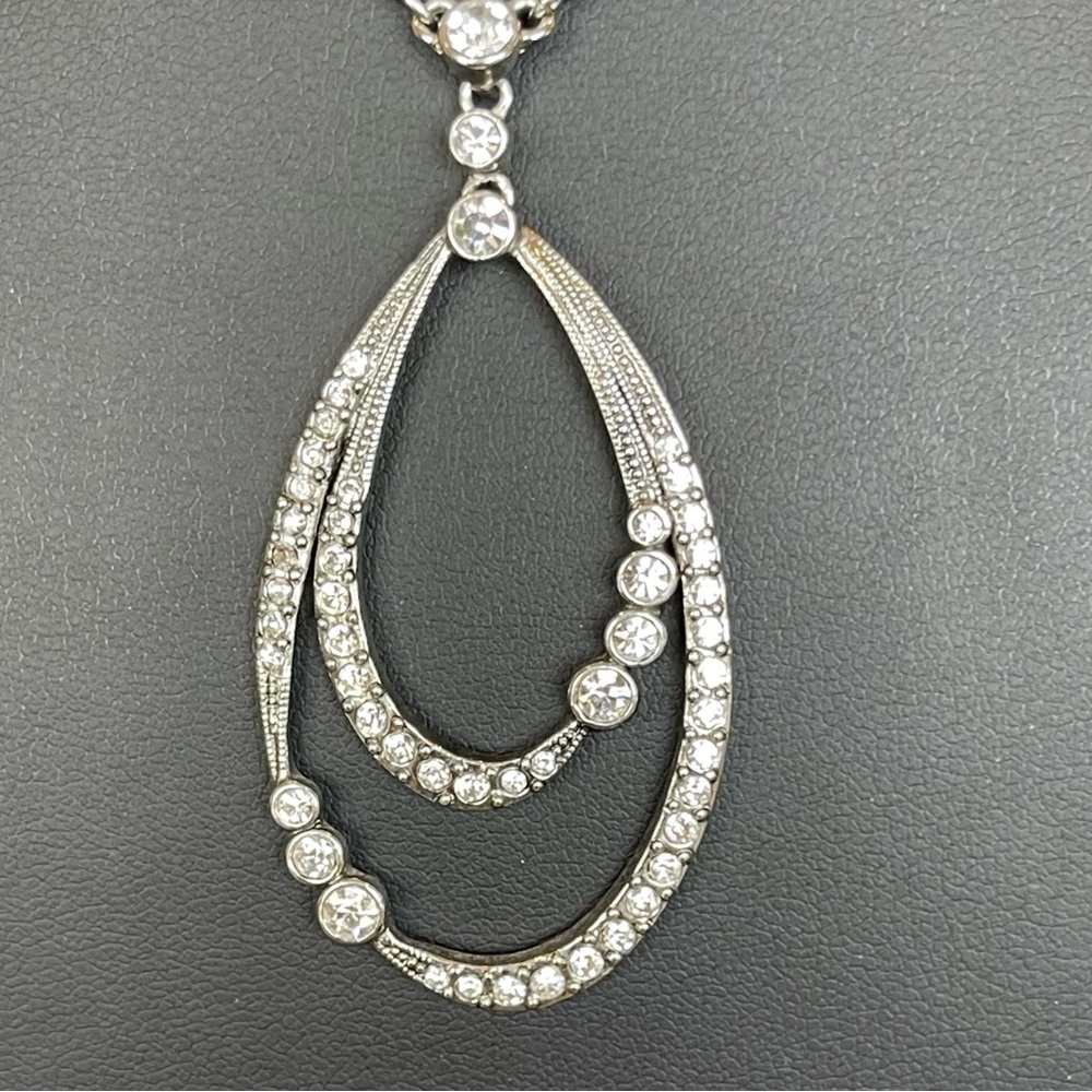 Monet Silver Tone Necklace Teardrop Pendant Clear Rhinestone Gemstones REPAIR - Picture 2 of 3